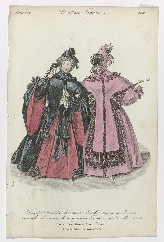 Journal des Dames et des Modes, Costumes Parisiens, fevrier 1835, (3249): Dominos en satin (...) (1835) by Georges Jacques…