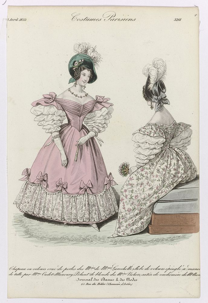 Journal des Dames et des Modes, Costumes Parisiens, 5 avril 1835, (3261): Chapeau en velours (...) (1835) by Jean Denis…