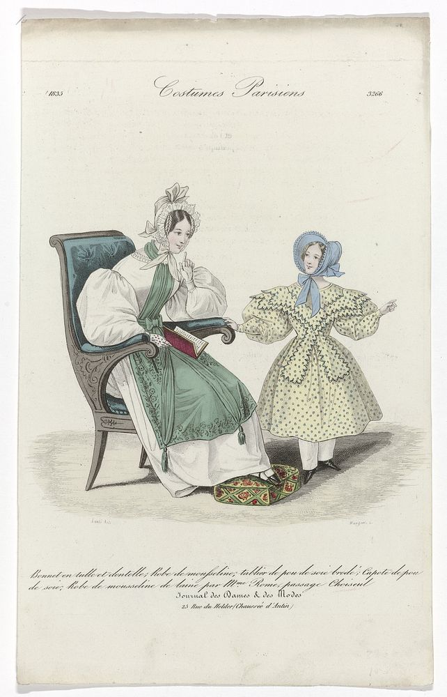 Journal des Dames et des Modes, Costumes Parisiens, 1835, (3266): Bonnet en tull (...) (1835) by Jean Denis Nargeot and…