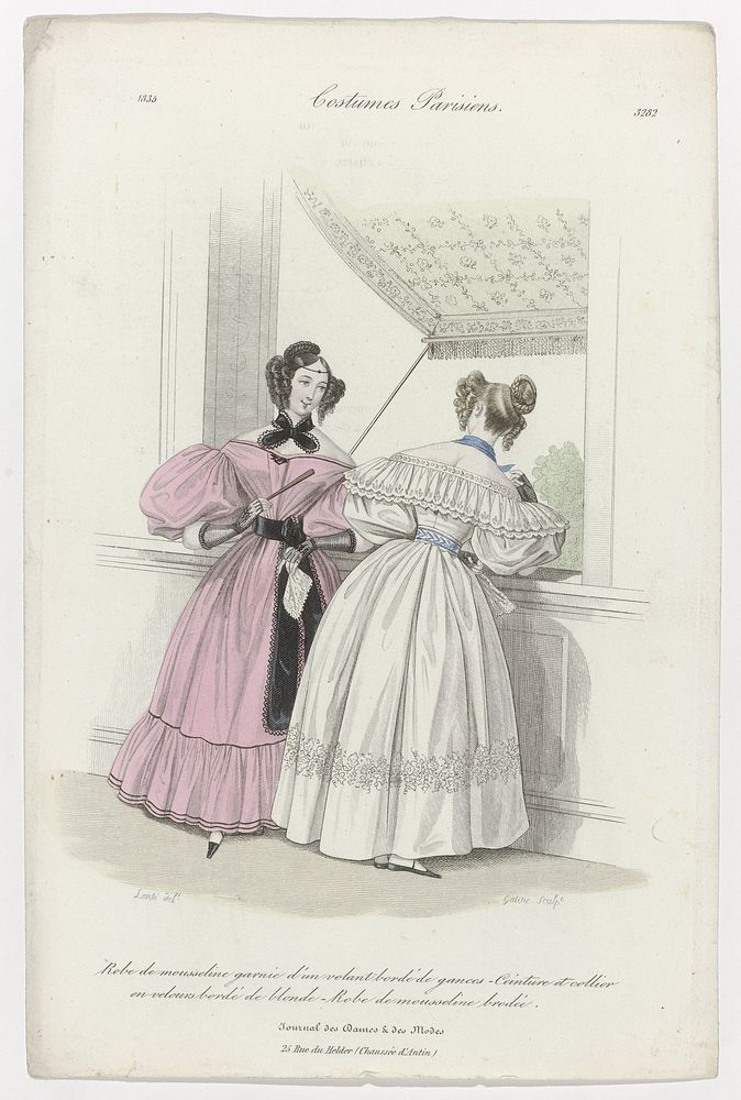 Journal des Dames et des Modes, Costumes Parisiens 1835 (3282): Robe de mousselin (...) (1835) by Georges Jacques Gatine and…