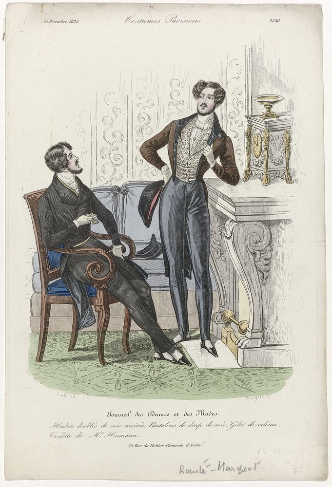 Journal des Dames et des Modes, Costumes Parisiens, 15 décembre 1835, (3328): Habits deublés de soi (...) (1835) by Louis…