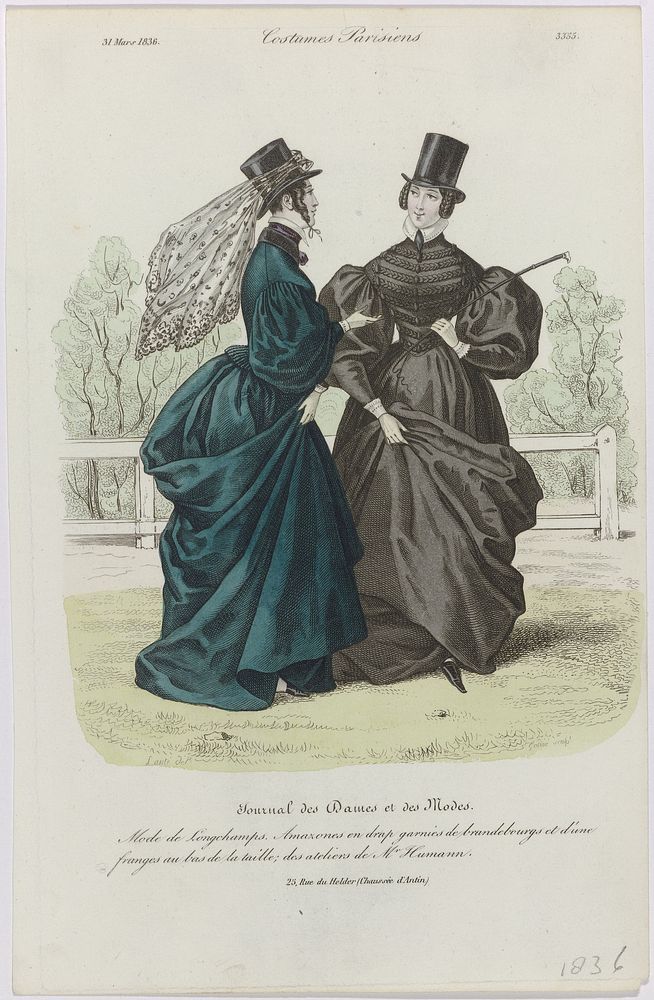 Journal des Dames et des Modes, Costumes Parisiens, 31 mars 1836, (3355): Mode de Longchamps (...) (1836) by Georges Jacques…