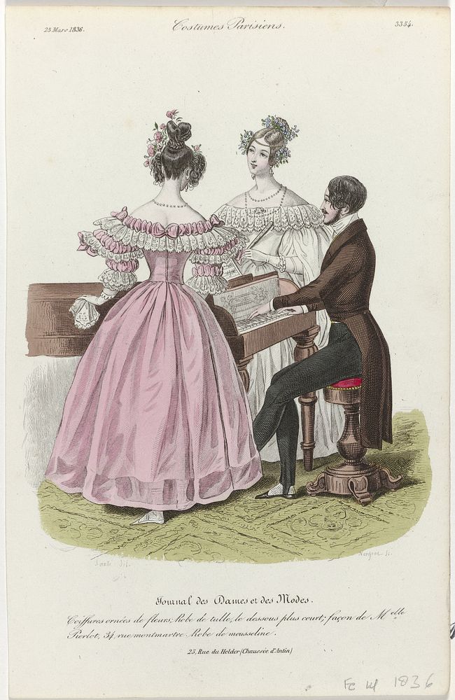 Journal des Dames et des Modes, Costumes Parisiens, 25 mars 1836, (3354): Coeffures ornées de fleurs (...) (1836) by Jean…