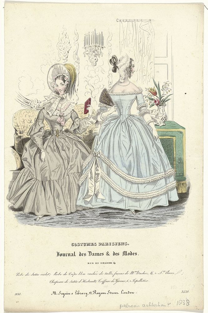Journal des Dames et des Modes, Costumes Parisiens, 1838, (3538): Robe de satin violet (...) (1838) by anonymous