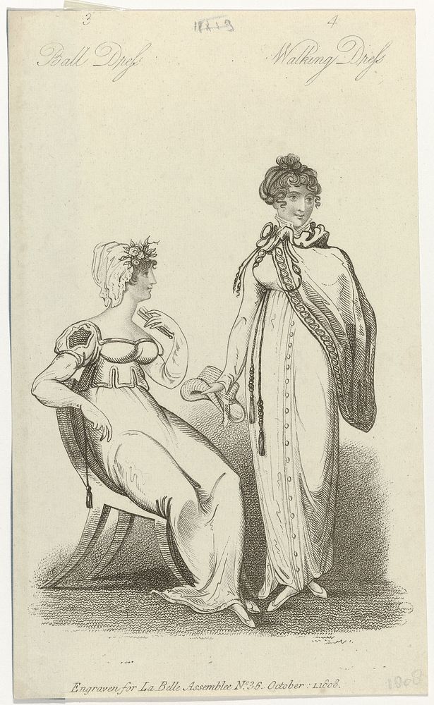 La Belle Assemblee, 1 october 1808, No. 36: Ball dress. Walking dress. (1808) by anonymous and John Bell uitgever