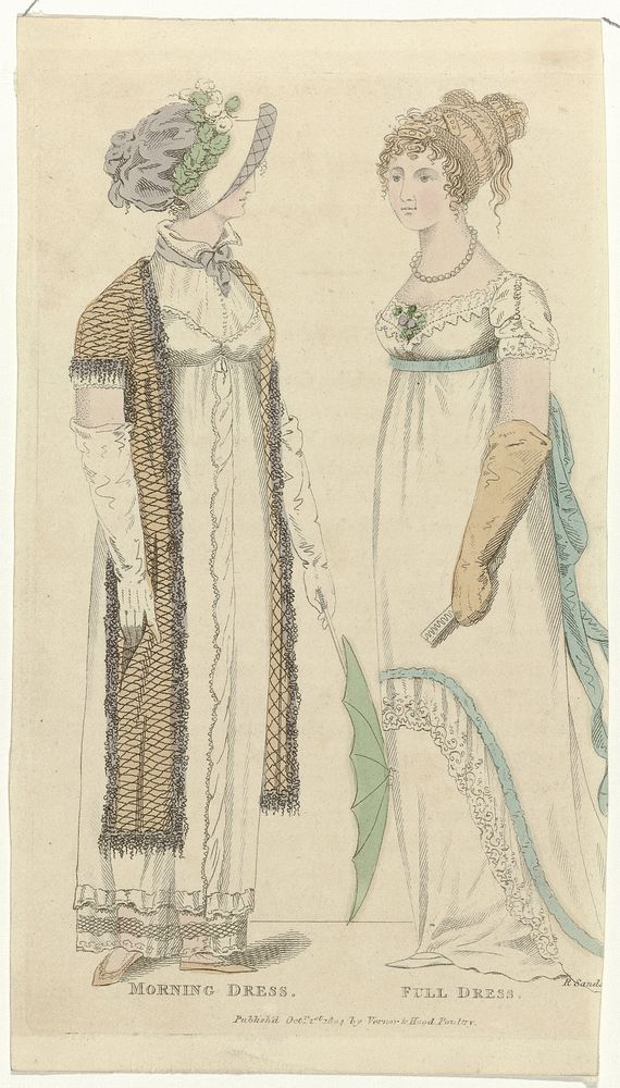 Ladies Monthly Museum, 1 october 1804 : Morning Dress. Full Dress. (1804) by Robert Sands, Robert Sands and Vernon and Hood