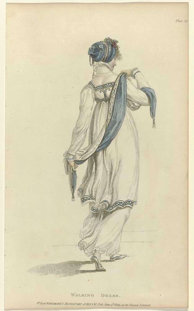 Ackermann's Repository of Arts, 1 june 1809, Pl. 29, No. 6: Walking Dress. (1809) by anonymous and Rudolph Ackermann