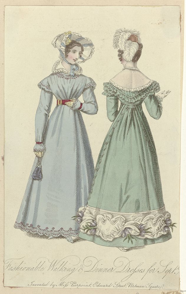 Fashionable Walking & Dinner Dresses for Sept. 1820 (...) (1820) by anonymous and Miss Pierpoint