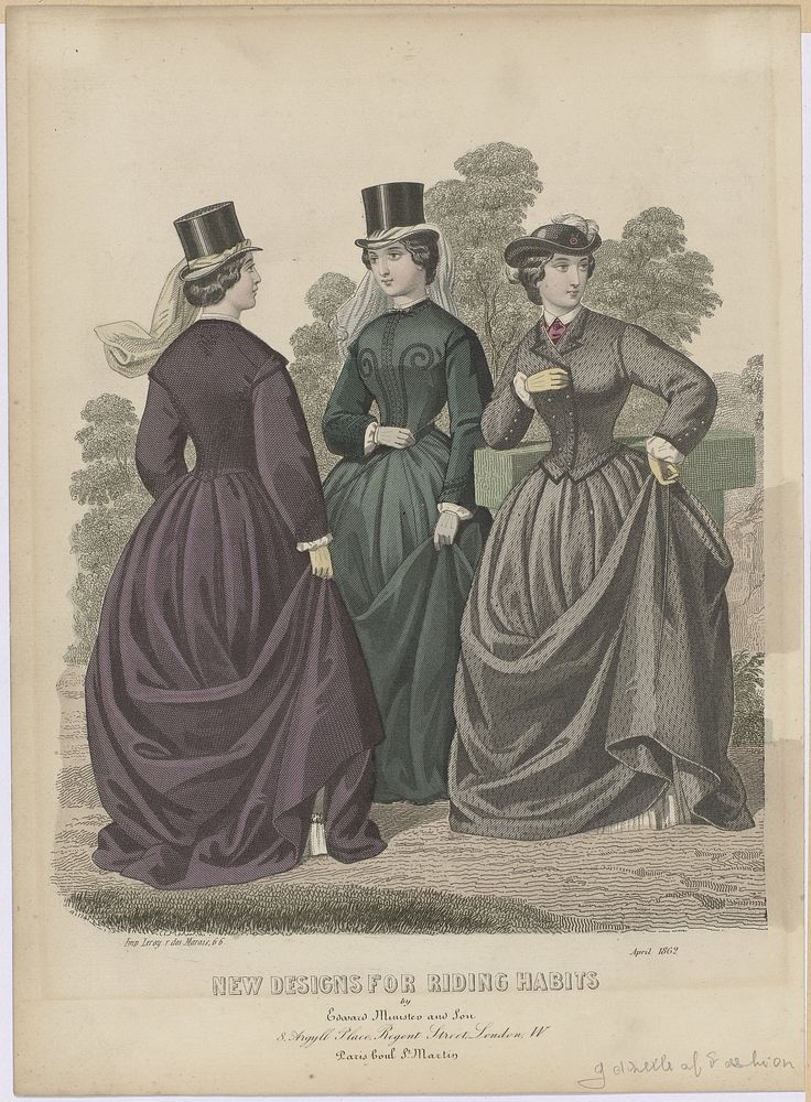 Gazette of Fashion, New designs for riding habits, April 1862 (1862) by anonymous, Edward Minister and Son and Leroy