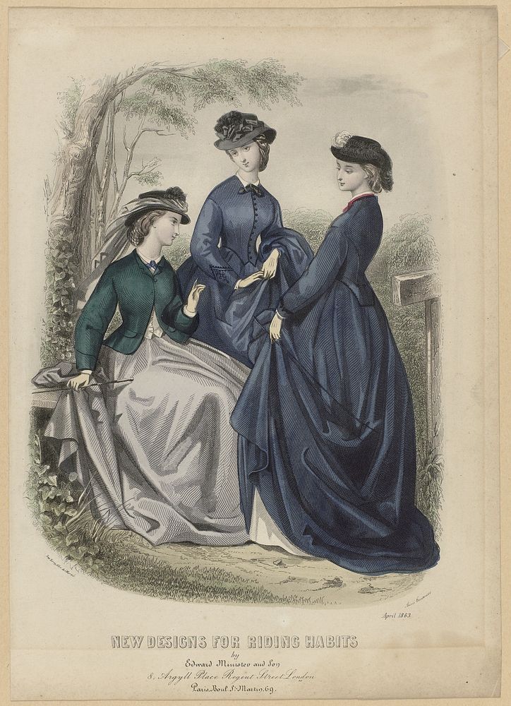 Gazette of Fashion, New designs for riding habits, April 1863 (1863) by Anaïs Colin Toudouze, anonymous, Edward Minister and…