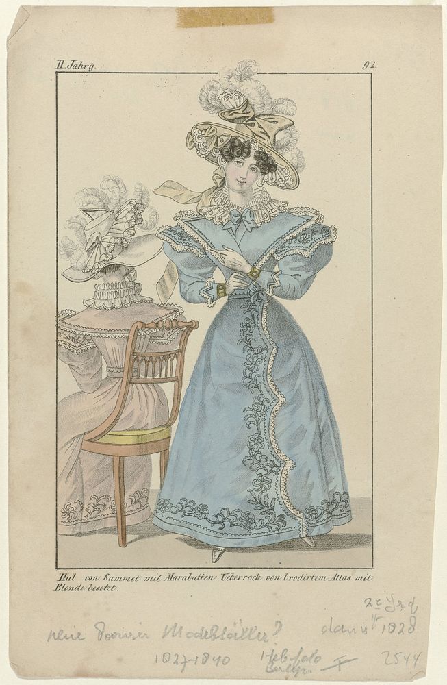 Neue Pariser Modeblätter 1828 II. Jahrg (92) : Hut von Sammet (...) (1828) by anonymous and Amalie Schoppe