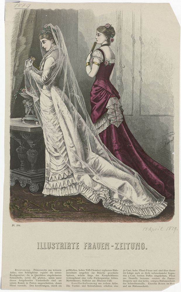 Illustrirte Frauen-Zeitung, 14 april 1879, Pl. 394 : Brautanzug. Prinzessrob (...) (1879) by anonymous and Mathilde de Haugt