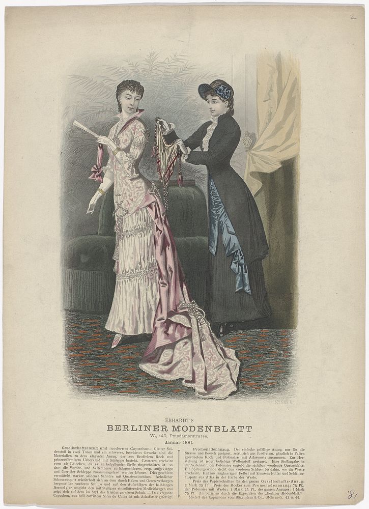 Berliner-Modenblatt, Januar 1881, No. 629.b : Gesellschaftsanzug und modernes Capuchon (...) (1881) by anonymous