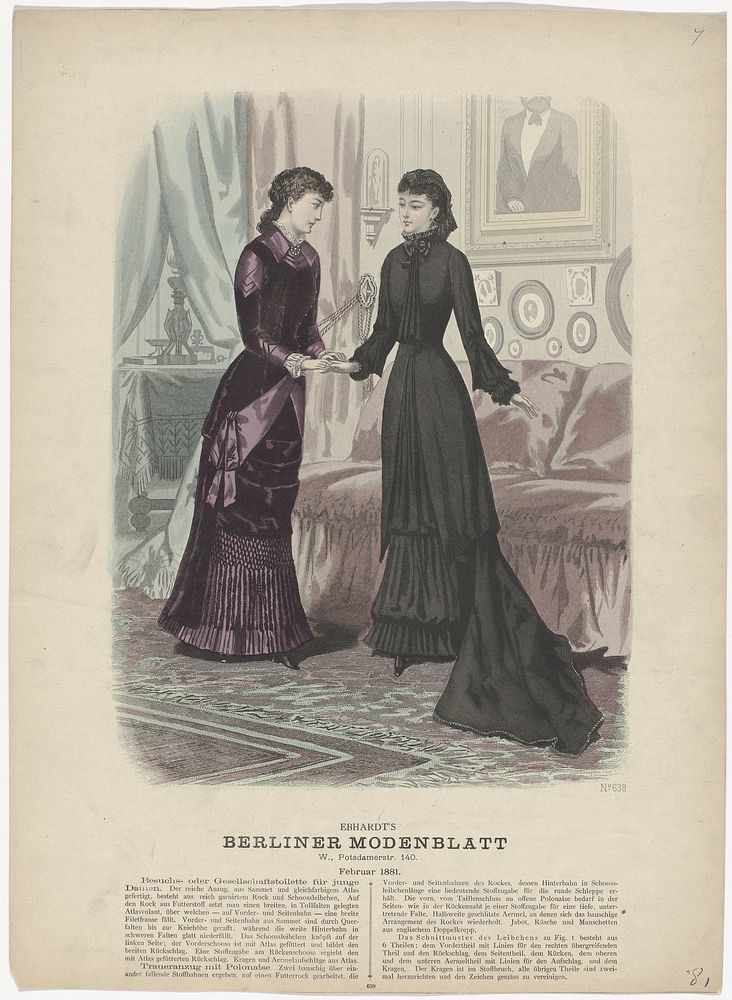 Berliner-Modenblatt, Februar 1881, Nr. 638 : Besuchs- oder Gesellschaftstoilett (...) (1881) by anonymous