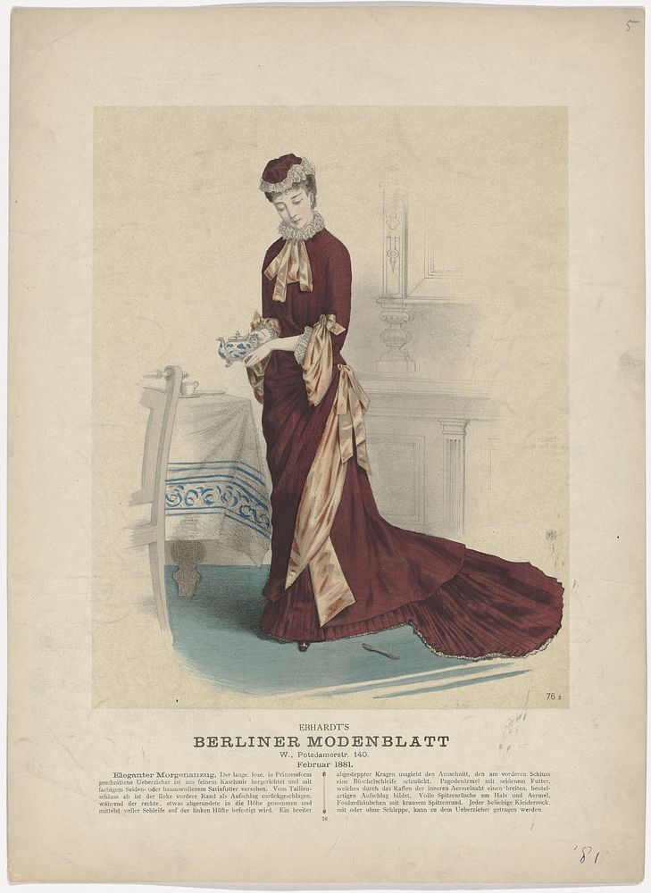 Berliner-Modenblatt, Februar 1881, Nr. 76.2 : Eleganter Morgenanzug (...) (1881) by anonymous