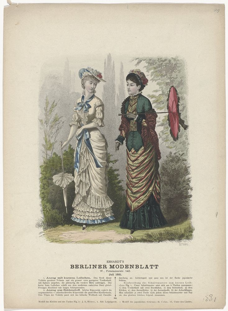 Berliner-Modenblatt, Juli 1881, Nr. 664 : 1. Anzug mit kurzem Leibchen (...) (1881) by anonymous