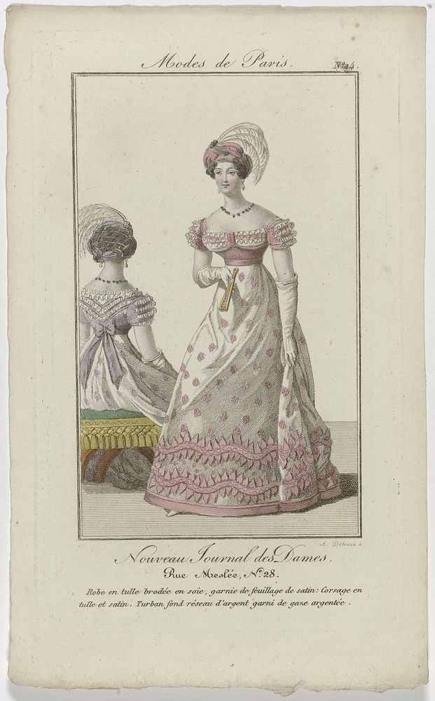Nouveau Journal des Dames, 1821, Pl. 14 : Robe en tulle brodée en soi (...) (1821) by August Delvaux and Dupré uitgever