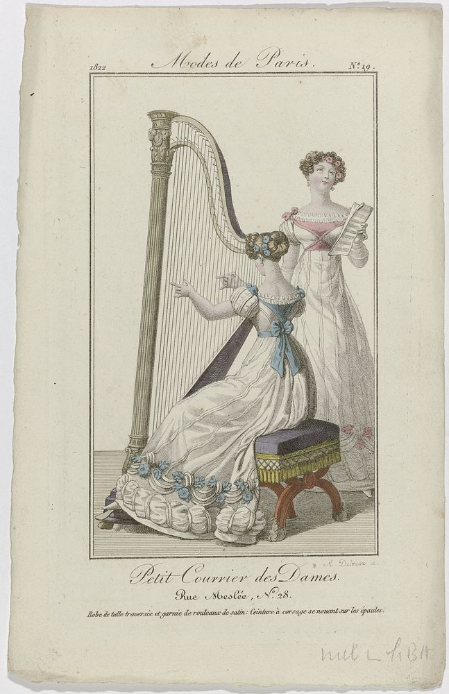 Petit Courrier des Dames, 1822, No. 19 : Robe de tulle traversée et garni (...) (1822) by August Delvaux and Dupré uitgever