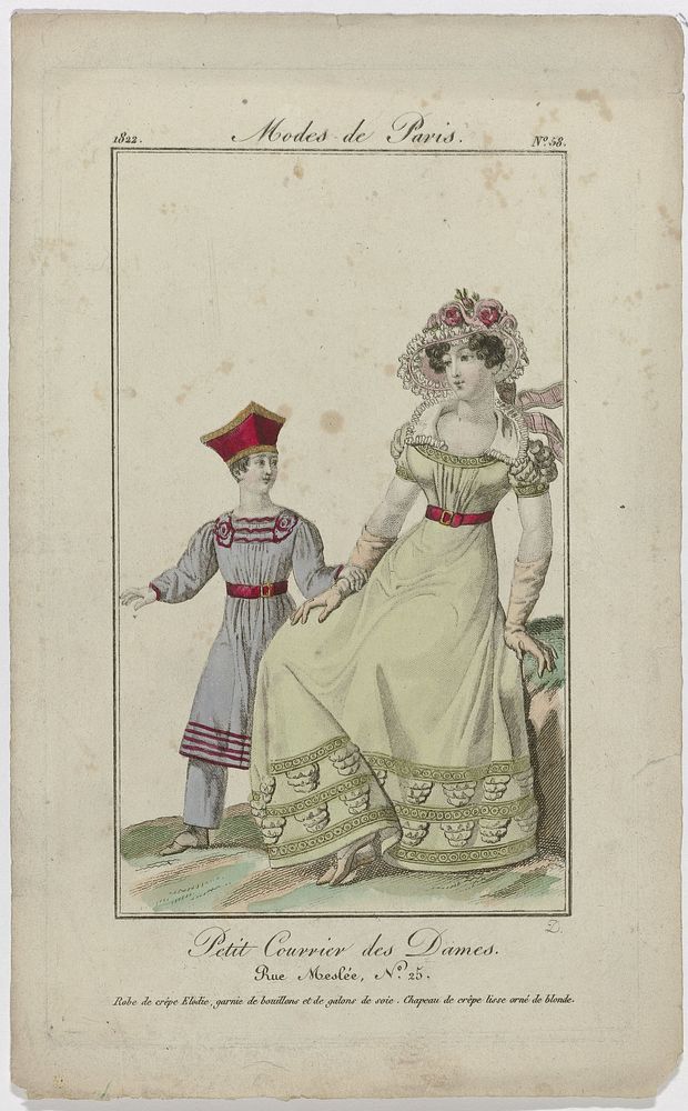Petit Courrier des Dames, 1822, No. 58 : Robe de crêpe Elodi (...) (1822) by August Delvaux and Dupré uitgever