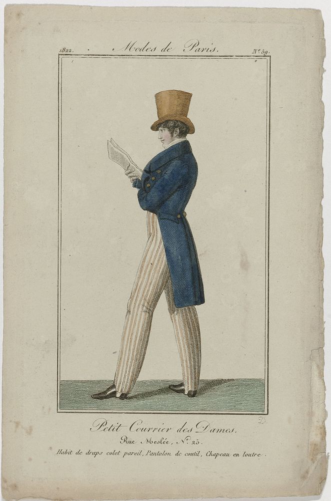 Petit Courrier des Dames, 1822, No. 59 : Habit de draps colet pareil (...) (1822) by August Delvaux and Dupré uitgever
