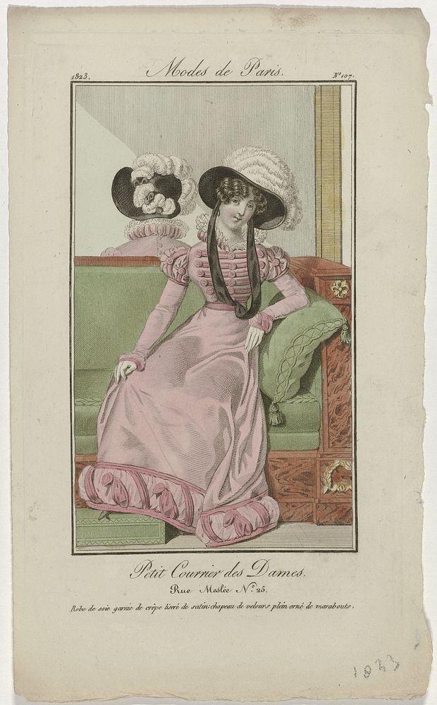 Petit Courrier des Dames, 1823, No. 107 : Robe de soie garnie de crêp (...) (1823) by anonymous and Dupré uitgever