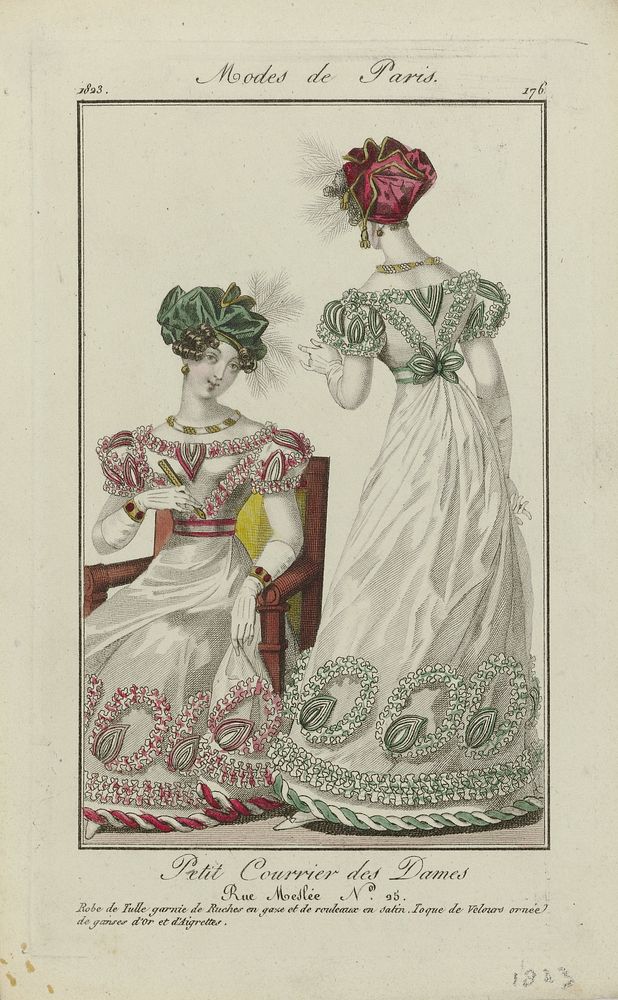 Petit Courrier des Dames, 1823, No. 176 : Robe de Tulle garnie de Ruches (...) (1823) by anonymous and Dupré uitgever