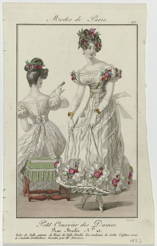 Petit Courrier des Dames, 1823, No. 177 : Robe de Tulle garnie de Biais (...) (1823) by Barrau and Dupré uitgever