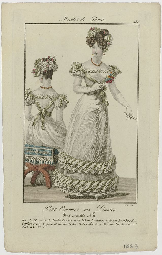 Petit Courrier des Dames, 1823, No. 183 : Robe de Tulle garnie de feuilles (...) (1823) by Barrau and Dupré uitgever