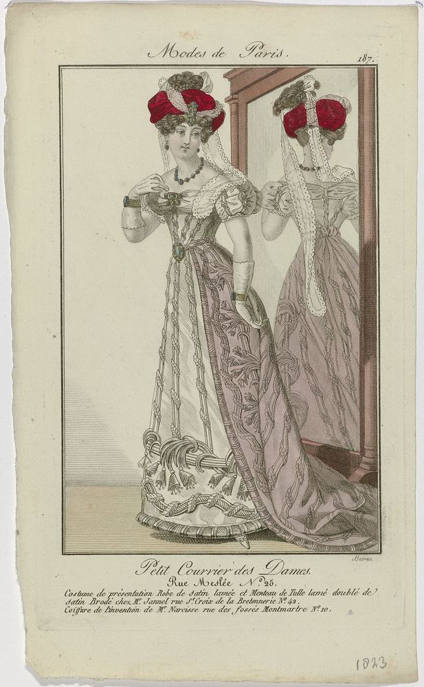 Petit Courrier des Dames, 1823, No. 187 : Costume de présentation (...) (1823) by Barrau and Dupré uitgever