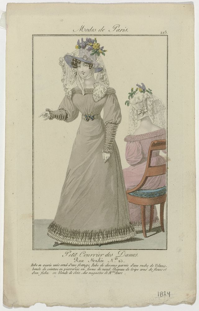 Petit Courrier des Dames, 1824, No. 213 : Robe en ecorie unie orné (...) (1824) by anonymous and Dupré uitgever