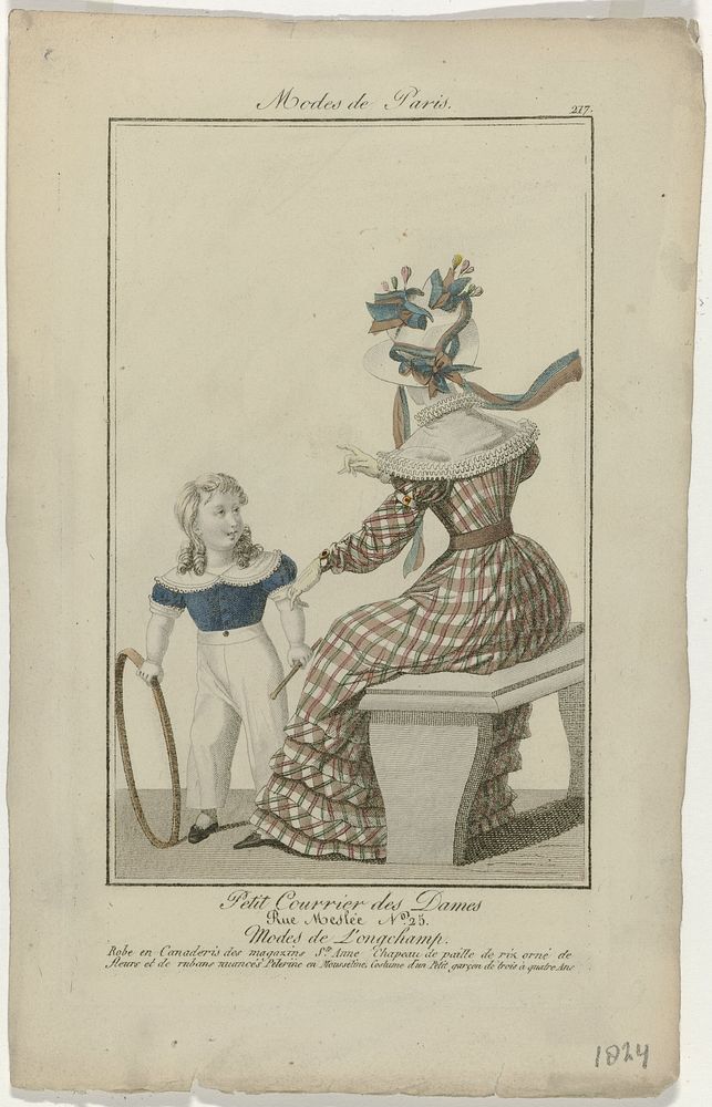 Petit Courrier des Dames, 1824, No. 217 : Robe en Canaderis des magazins (...) (1824) by anonymous and Dupré uitgever