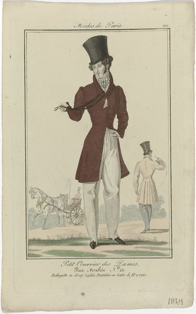 Petit Courrier des Dames, 1824, No. 221 : Redingotte en drap zephir (...) (1824) by anonymous and Dupré uitgever