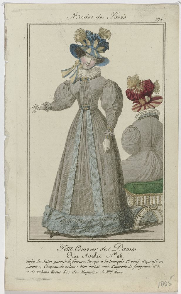 Petit Courrier des Dames, 1825, No. 274 : Robe de Satin garnie de fourur (...) (1825) by anonymous and Dupré uitgever