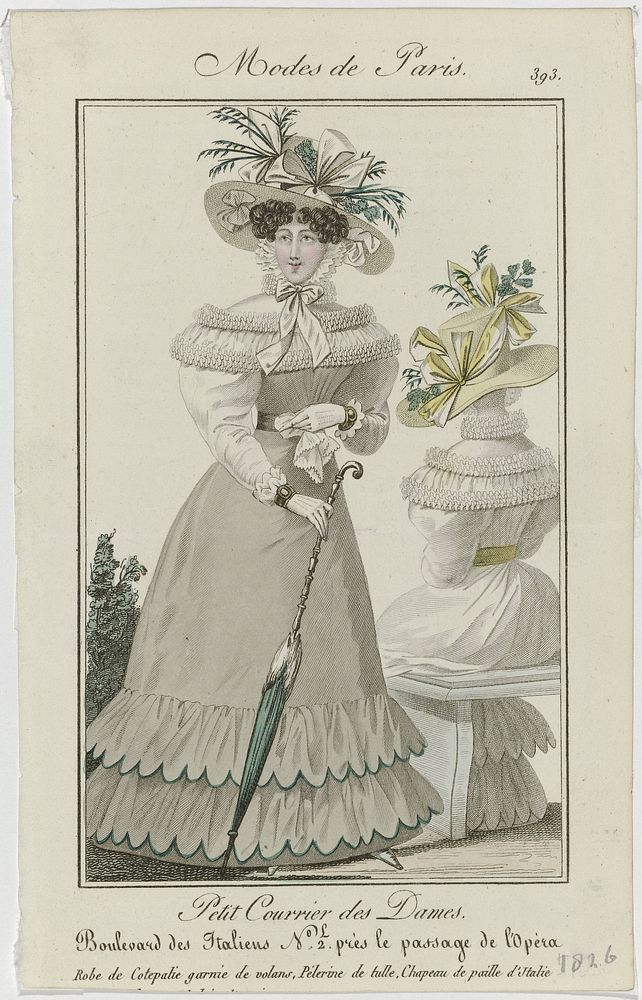 Petit Courrier des Dames, 1826, No. 393 : Robe de Cotepalie garnie de volans (...) (1826) by anonymous and Dupré uitgever