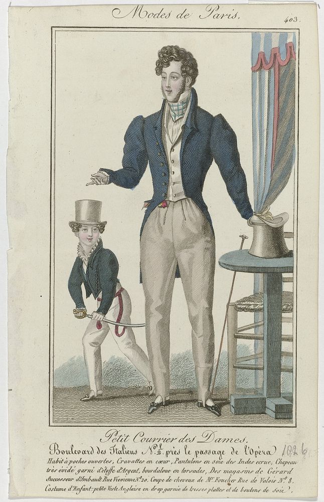Petit Courrier des Dames, 1826, No. 403 : Habit à poches ouvertes (...) (1826) by anonymous and Dupré uitgever