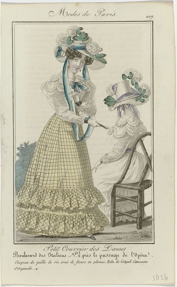 Petit Courrier des Dames, 1826, No. 409 : Chapeau de paill (...) (1826) by anonymous and Dupré uitgever