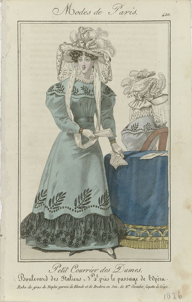 Petit Courrier des Dames, 1826, No. 420 : Robe de gros de Naples (...) (1826) by anonymous and Dupré uitgever