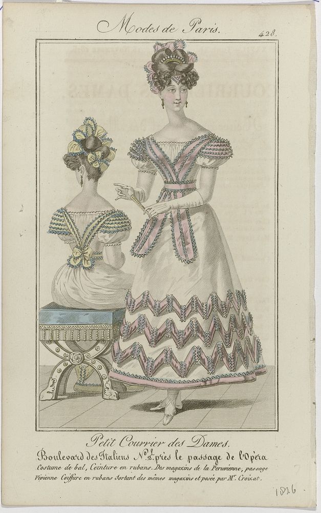 Petit Courrier des Dames, 1826, No. 428 : Costume de bal, Ceinture en rubans (...) (1826) by anonymous and Dupré uitgever