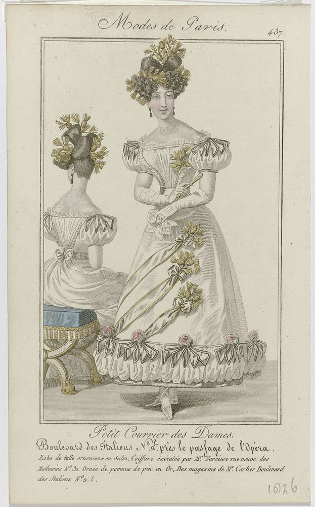 Petit Courrier des Dames, 1826, No. 437 : Robe de tulle ornemens (...) (1826) by anonymous and Dupré uitgever