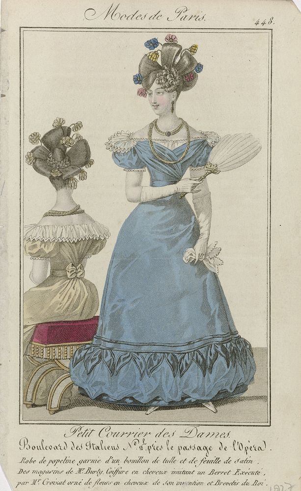 Petit Courrier des Dames, 1827, No. 448 : Robe de popeline garni (...) (1827) by anonymous and Dupré uitgever
