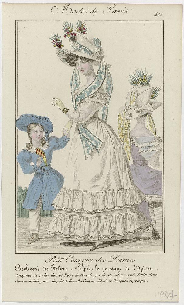 Petit Courrier des Dames, 1827, No. 472 : Chapeau de paille de riz (...) (1827) by anonymous and Dupré uitgever