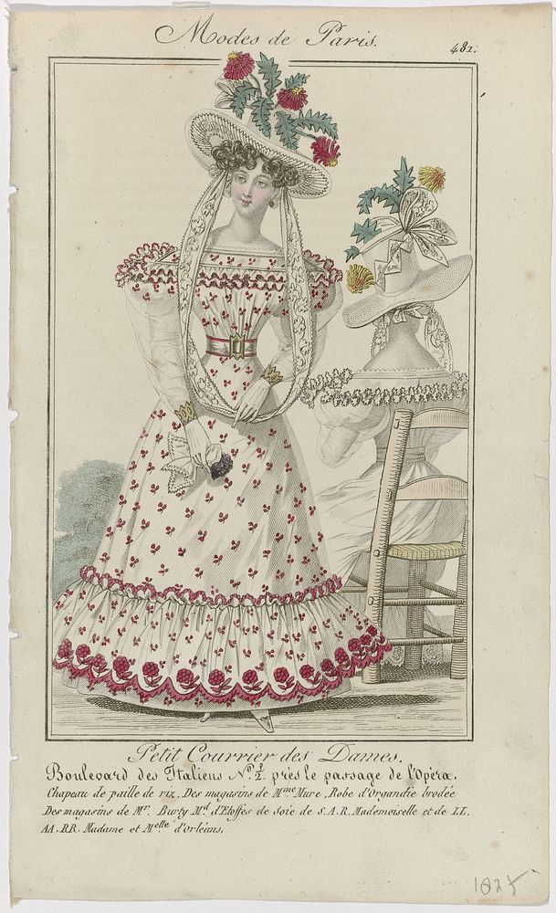 Petit Courrier des Dames, 1827, No. 481 : Chapeau de paille de riz (...) (1827) by anonymous and Dupré uitgever