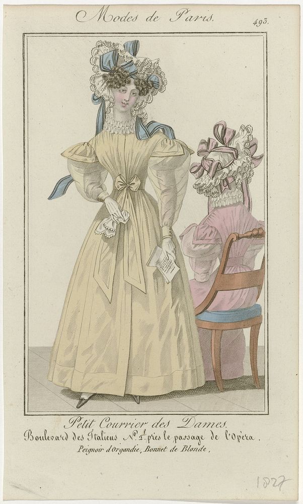 Petit Courrier des Dames, 1827, No. 493 : Peignoir d'Organdi (...) (1827) by anonymous and Dupré uitgever