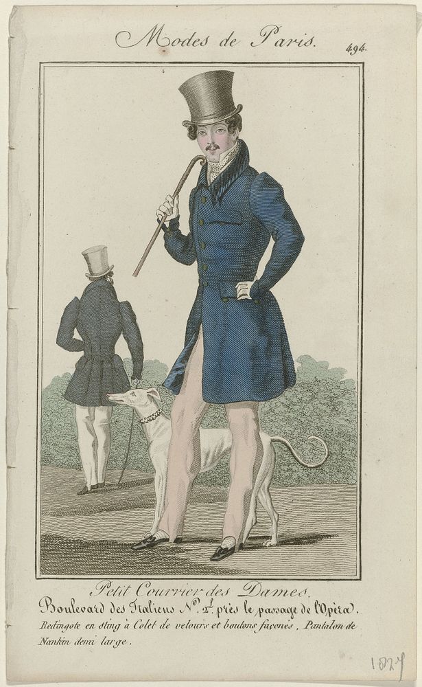 Petit Courrier des Dames, 1827, No. 494 : Redingote en sting (...) (1827) by anonymous and Dupré uitgever