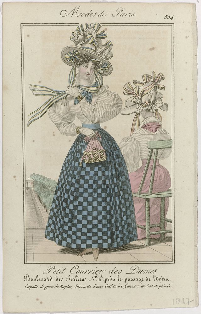 Petit Courrier des Dames, 1827, No. 504 : Capotte de gros de Naples (...) (1827) by anonymous and Dupré uitgever