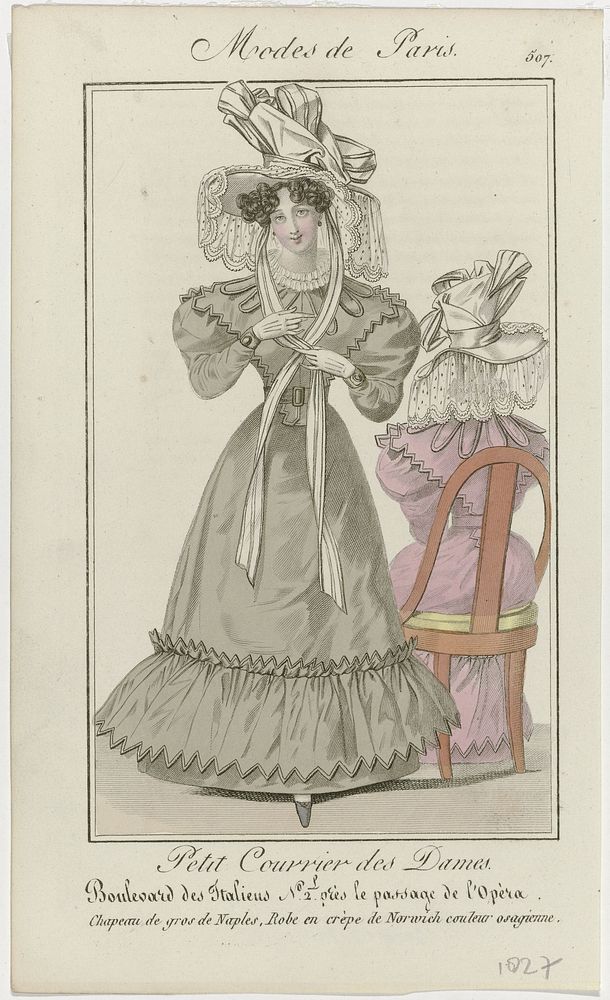 Petit Courrier des Dames, 1827, No. 507 : Chapeau de gros de Naples (...) (1827) by anonymous and Dupré uitgever