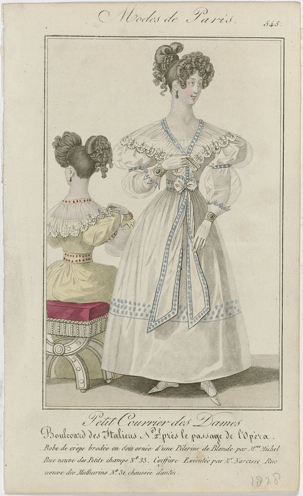 Petit Courrier des Dames, 1828, No. 545 : Robe de crèpe brodé (...) (1828) by anonymous and Dupré uitgever