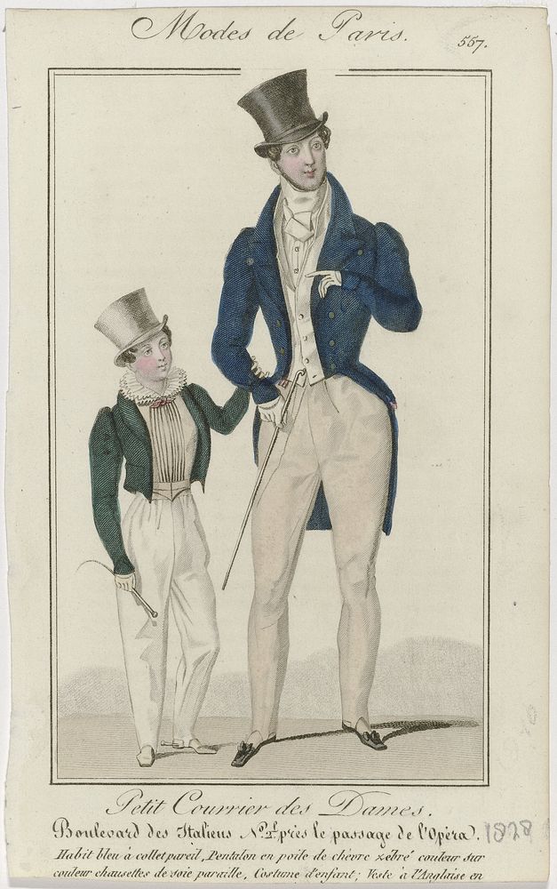 Petit Courrier des Dames, 1828, No. 557 : Habit bleu à collet pareil (...) (1828) by anonymous and Dupré uitgever
