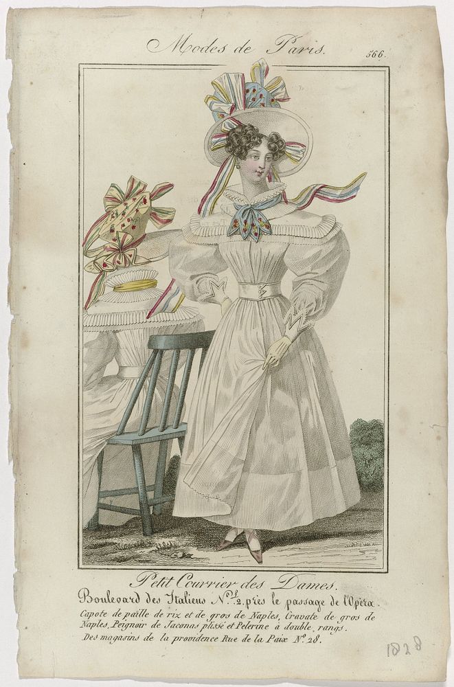Petit Courrier des Dames, 1828, No. 566 : Capote de paille de riz (...) (1828) by anonymous and Dupré uitgever