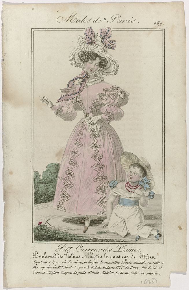 Petit Courrier des Dames, 1828, No. 569 : Capote de crèpe ornée de rubans (...) (1828) by anonymous and Dupré uitgever
